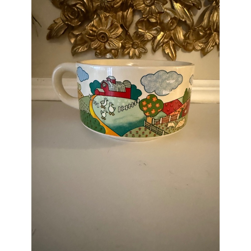 Vintage Style Farm Scene Ceramic Soup Mug Red Barn Ducks Sheep Large Handle Bowl